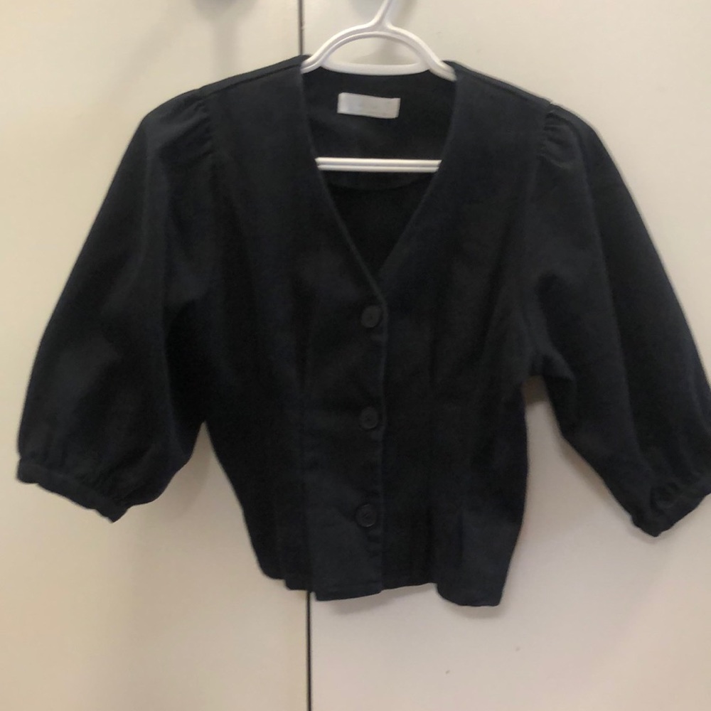 Navy denim crop top with puffy sleeves